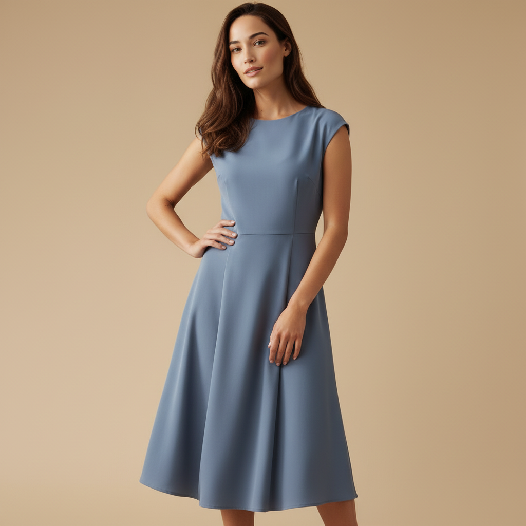 Женское пыльно-голубое платье миди без рукавов расклешенного А-силуэта