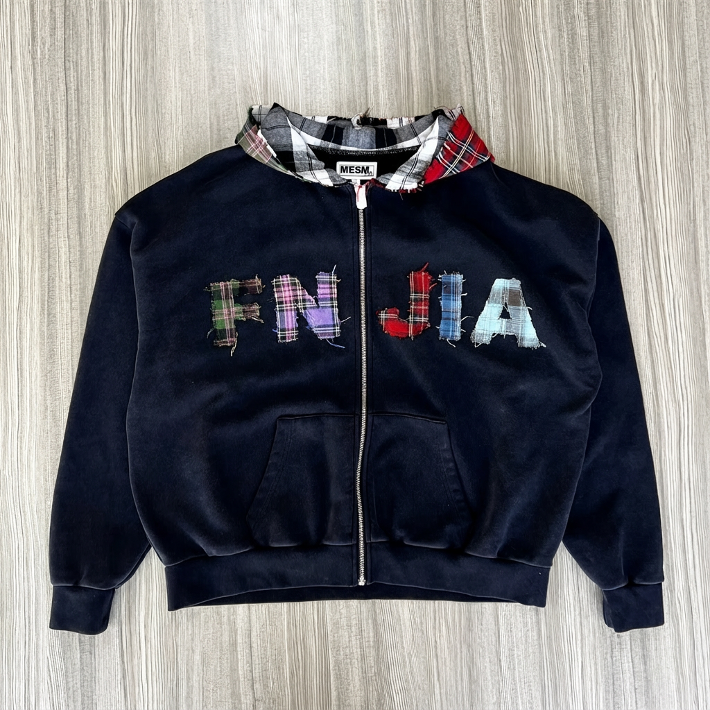 Женская темно-синяя толстовка с капюшоном в стиле пэчворк: детали в клетку, логотип "FNJIA", повседневная одежда