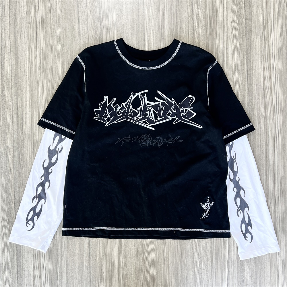 Многослойная футболка унисекс с графическим рисунком на заказ: Черно-белая, с изображением пламени и граффити