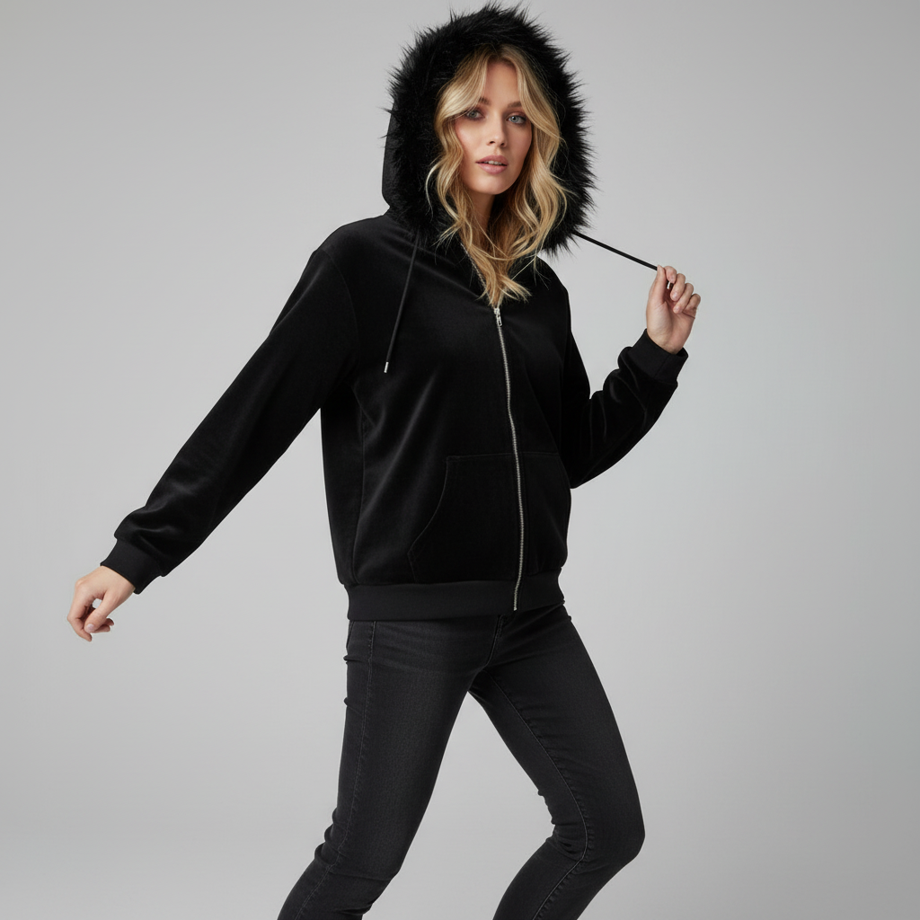Женская черная куртка на молнии с капюшоном из искусственного меха: Текстура бархата