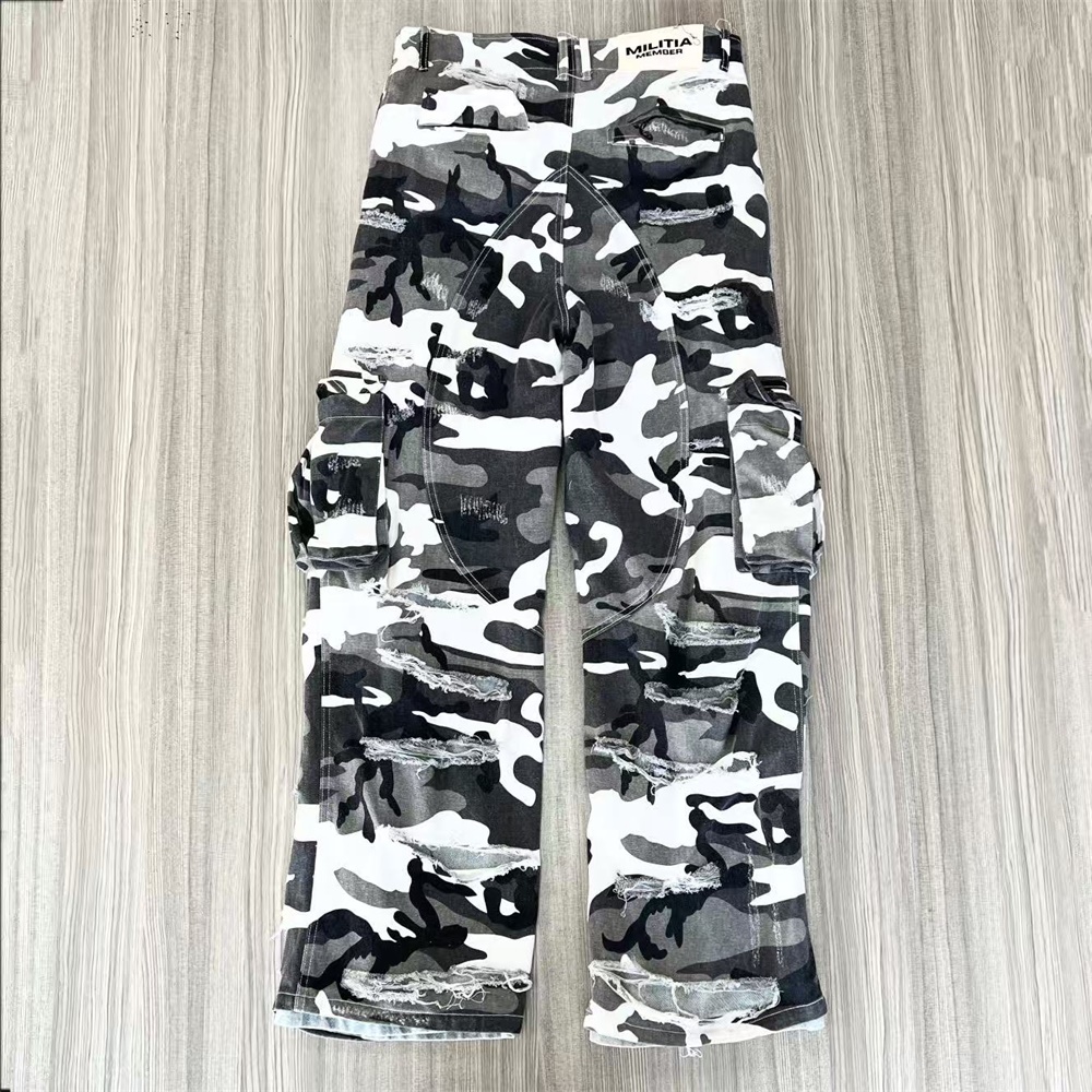Черно-белые камуфляжные брюки-карго унисекс на заказ: Рваные детали, свободные прямые штанины