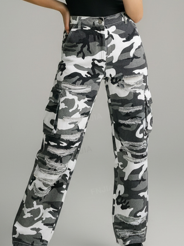 Черно-белые камуфляжные брюки-карго унисекс на заказ: Рваные детали, свободные прямые штанины