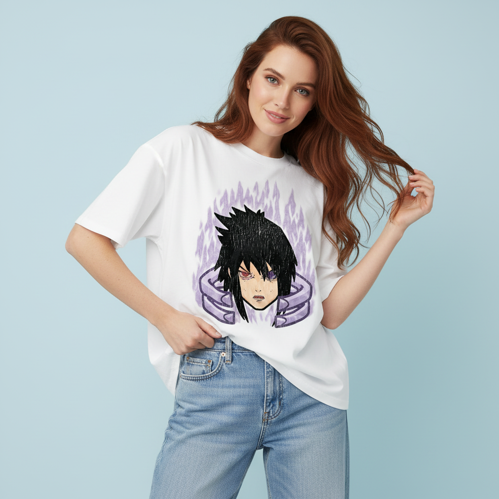 Женская футболка с рисунком Саске Учихи: Белая, оверсайз, с коротким рукавом