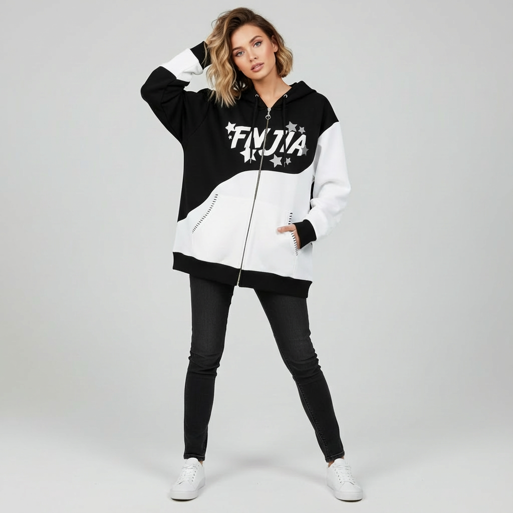 Мужская черно-белая толстовка на молнии с принтом в виде звезд: рисунок "FNJIA"