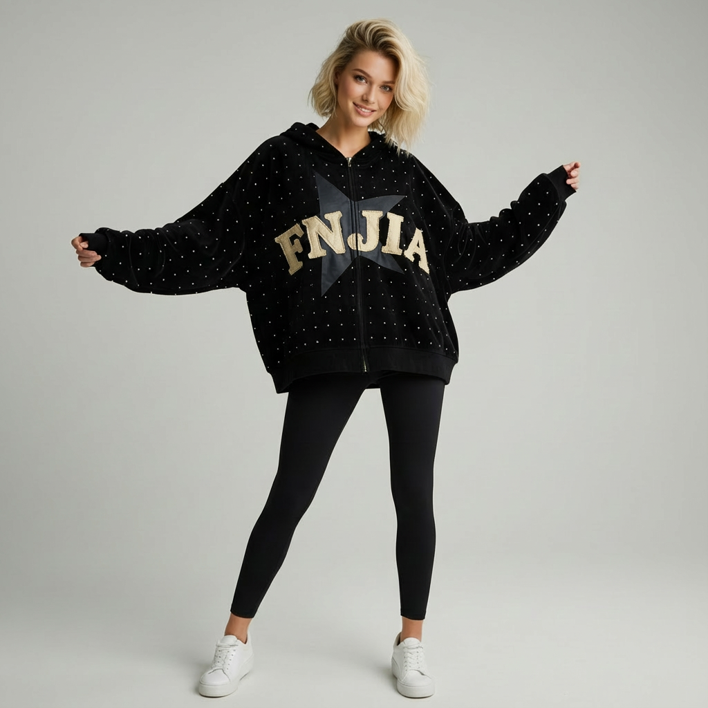 Черная толстовка унисекс в горошек на молнии с изображением звезды "FNJIA"