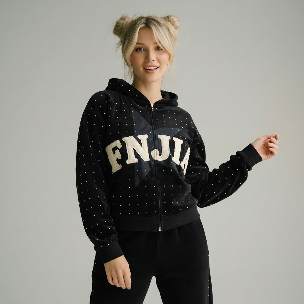 Черная толстовка унисекс в горошек на молнии с изображением звезды "FNJIA"