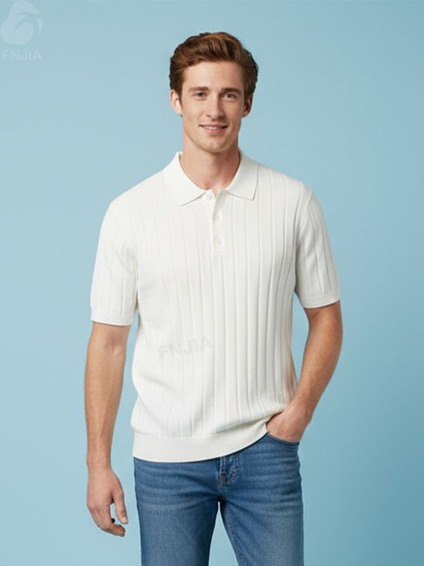 Мужская белая рубашка поло в рубчик с текстурированным рисунком и коротким рукавом