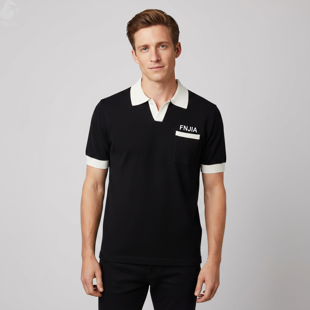 Мужская черно-белая рубашка-поло "FNJIA" с контрастной отделкой