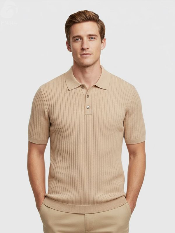 Мужская бежевая рубашка поло в рубчик с вертикальным трикотажным узором
