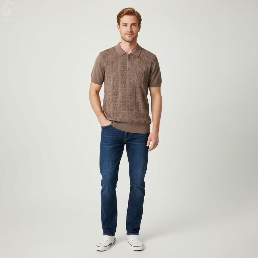 Мужская рубашка поло из темно-серого трикотажа в сеточку с застежкой-молнией до половины длины