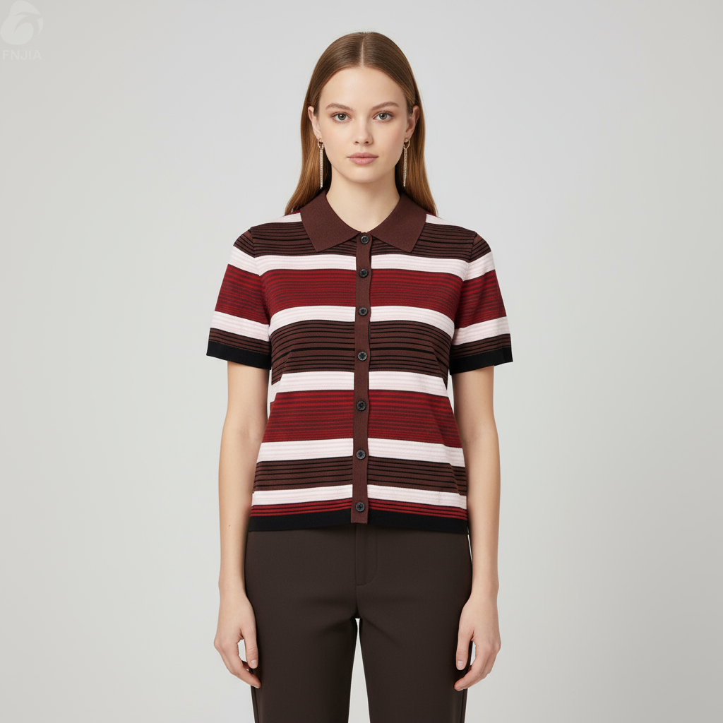 Женский вязаный кардиган-поло в бордовую полоску - FNJIA Custom Apparel Service-FNJ2500105