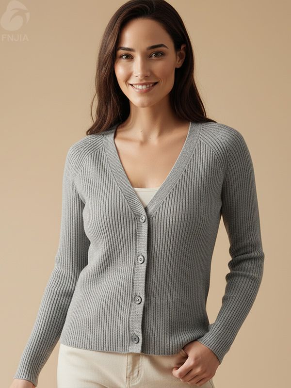 Женский серый кардиган в рубчик с V-образным вырезом - Полный цикл пошива одежды на заказ-CPM2508-903
