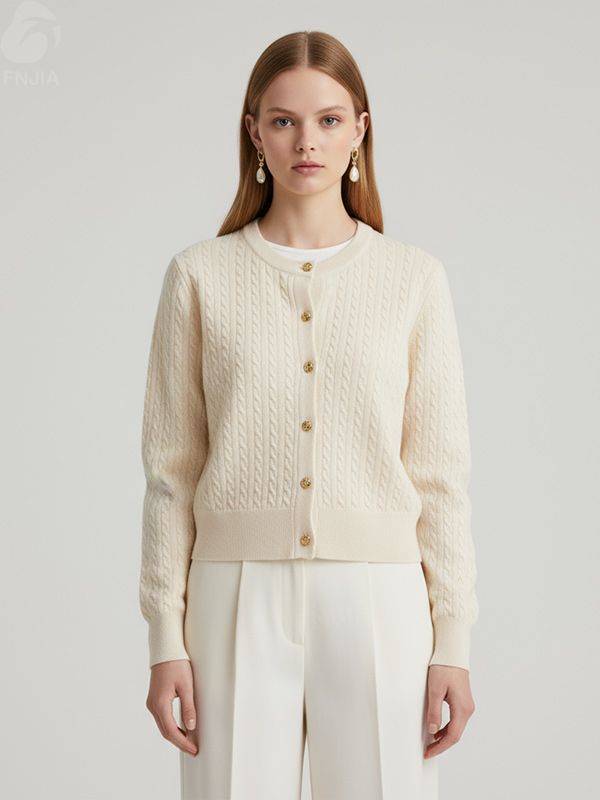 Женский кардиган кремовой вязки на пуговицах - FNJIA Custom Apparel Service-LYF2500002