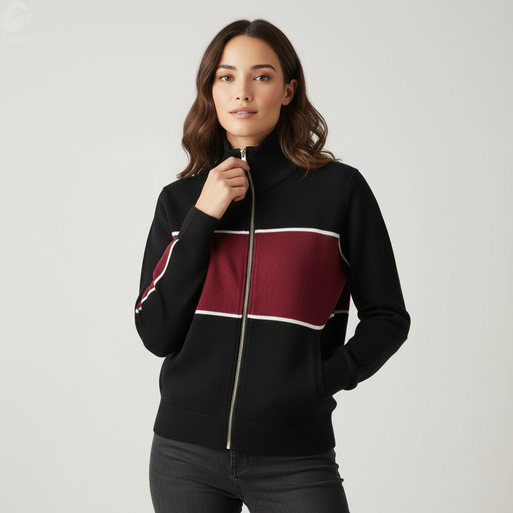 Женская винтажная трикотажная спортивная куртка черного и бордового цветов - FNJIA Custom Apparel Service-CPM2508-906