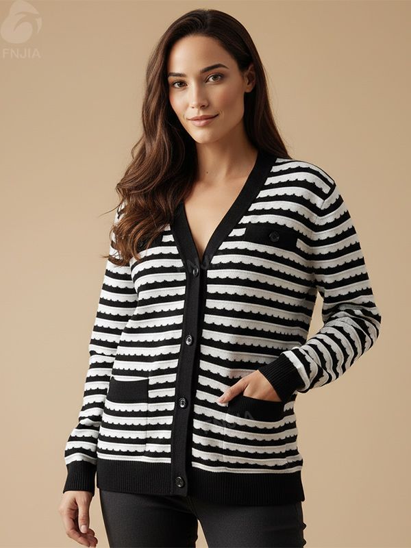 Женский кардиган в черно-белую полоску с гребешком - Изготовление на заказ-CPM2508-902