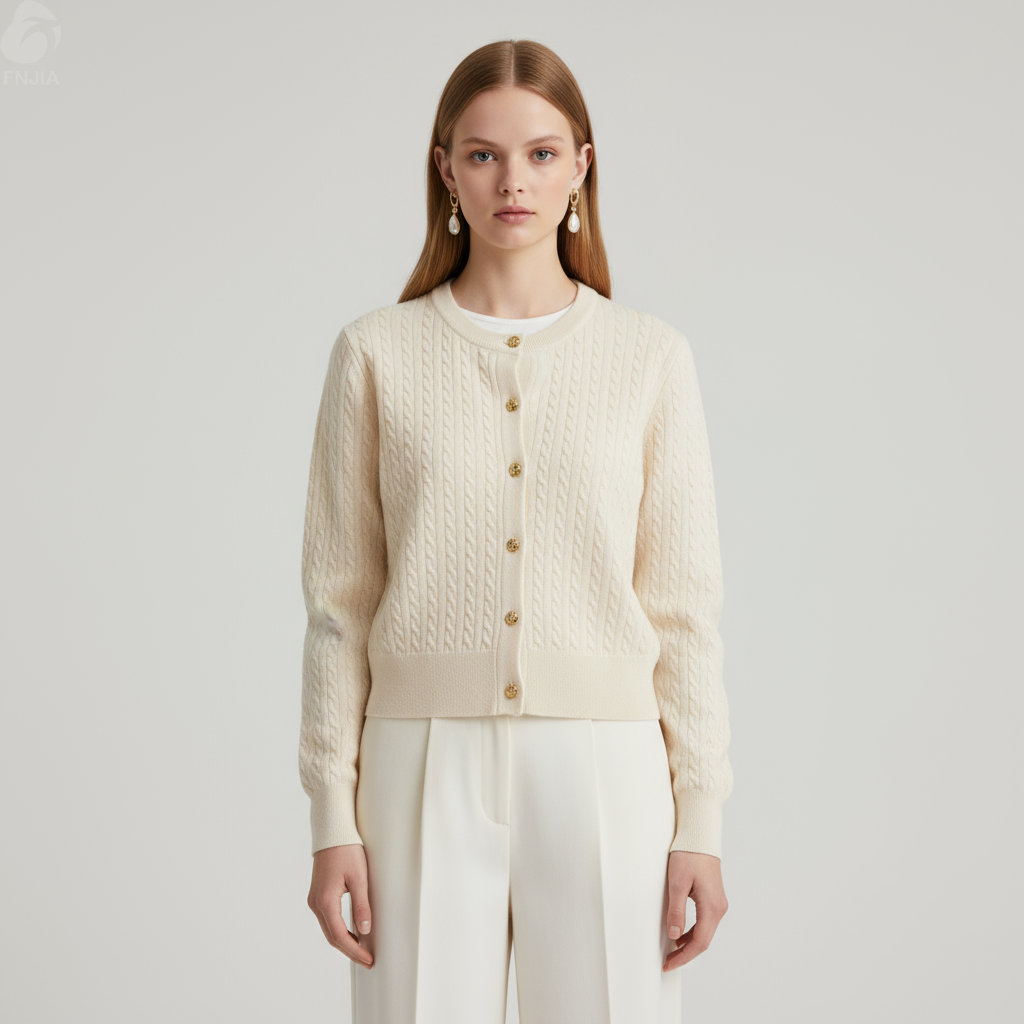 Женский кардиган кремовой вязки на пуговицах - FNJIA Custom Apparel Service-LYF2500002