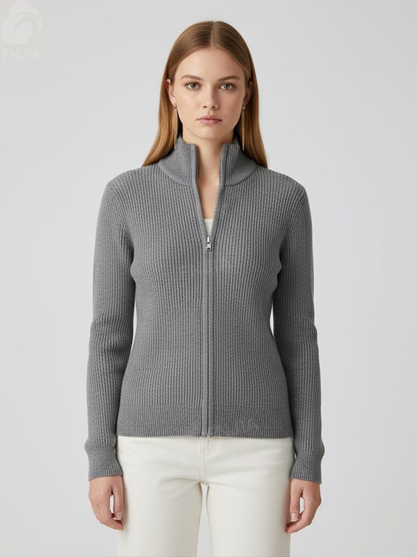Женский серый кардиган-водолазка в рубчик на молнии с высоким воротом - FNJIA Custom Apparel Service-FNJ250090