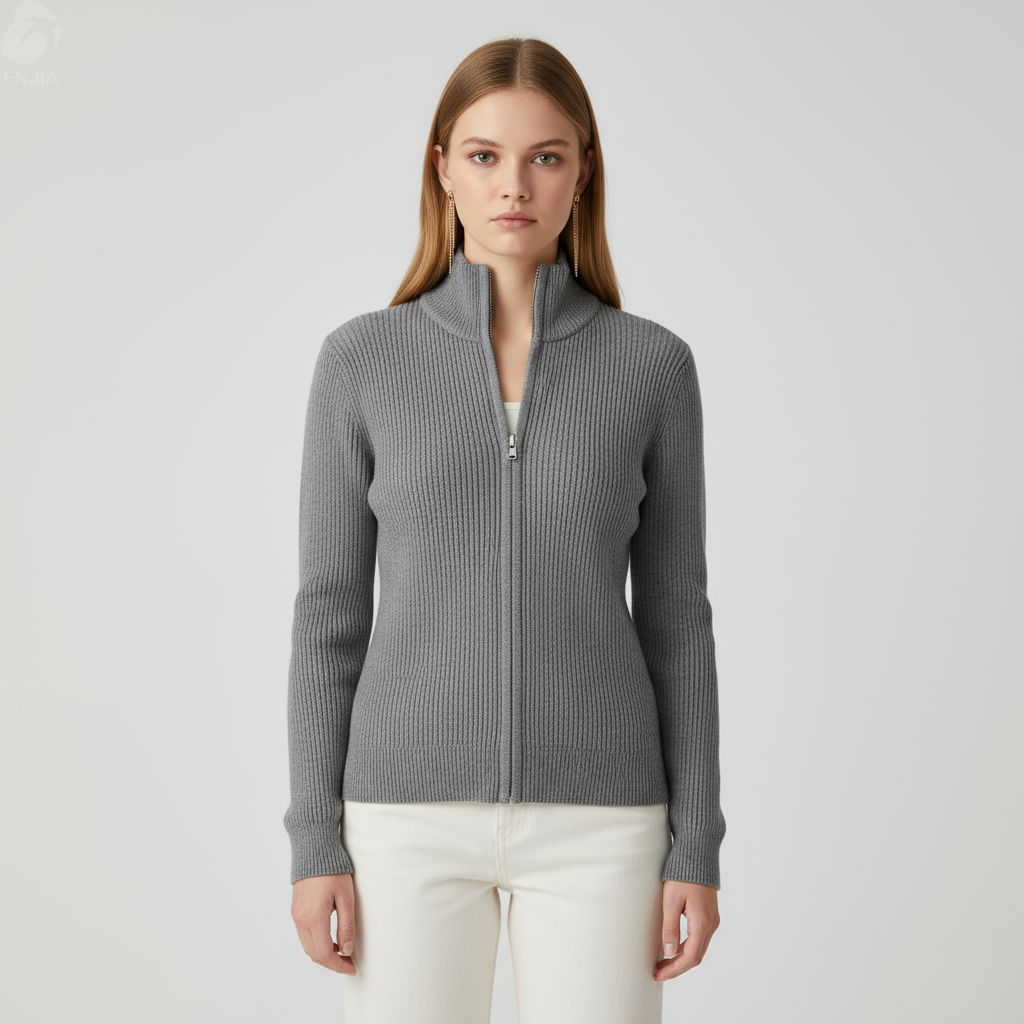 Женский серый кардиган-водолазка в рубчик на молнии с высоким воротом - FNJIA Custom Apparel Service-FNJ250090