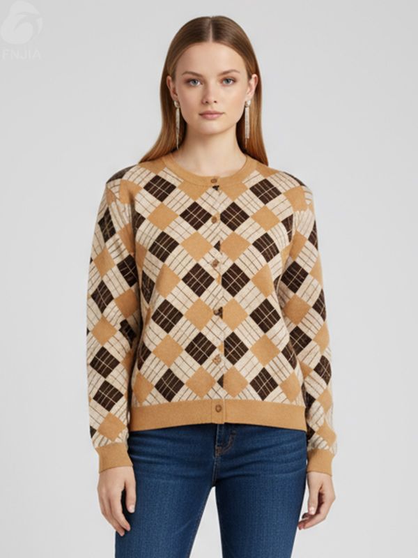 Женский вязаный кардиган из аргайла коричнево-коричневого цвета - FNJIA Custom Apparel Service-FNJ250095