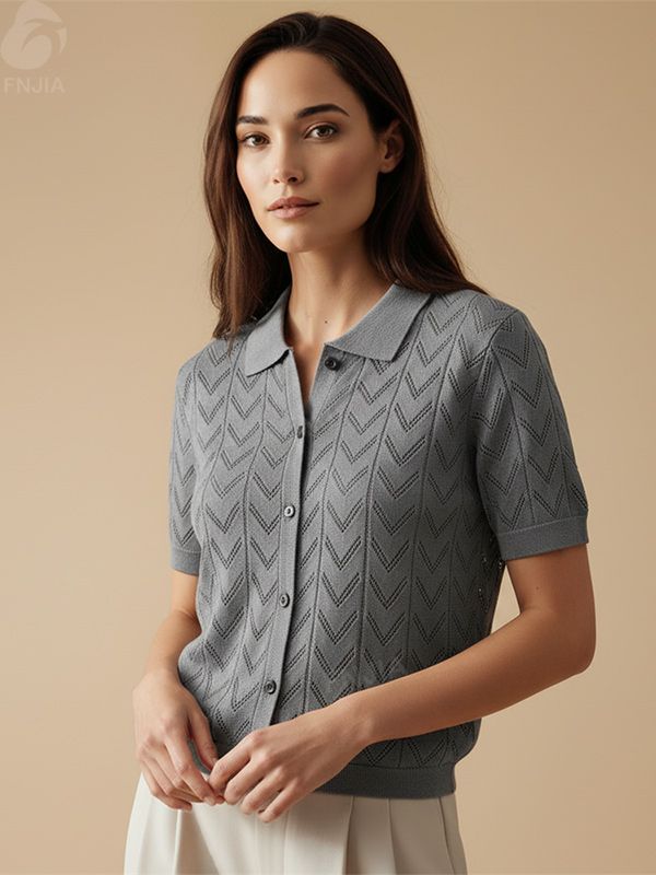 Женский серый кардиган-поло из трикотажа с шевронами - FNJIA Custom Apparel Service-CPM2508-905