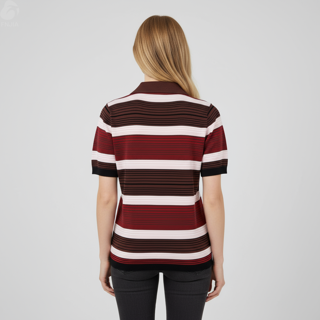Женский вязаный кардиган-поло в бордовую полоску - FNJIA Custom Apparel Service-FNJ2500105