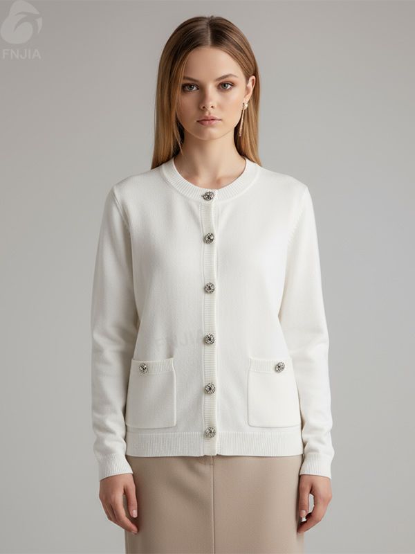 Женский белый вязаный кардиган с украшением на пуговицах - FNJIA Custom Apparel Service-FNJ250093