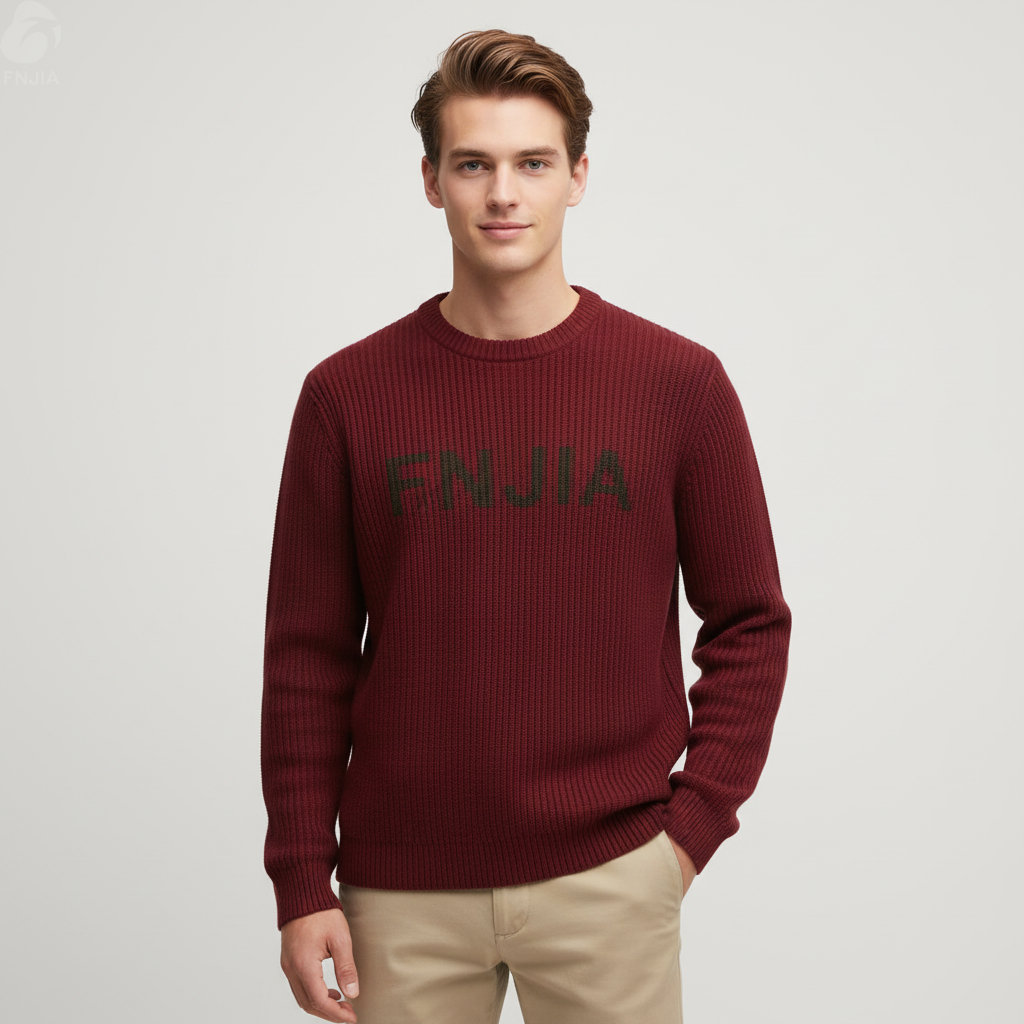 Мужской фирменный свитер бордовой вязки в рубчик - FNJIA Custom Apparel Service