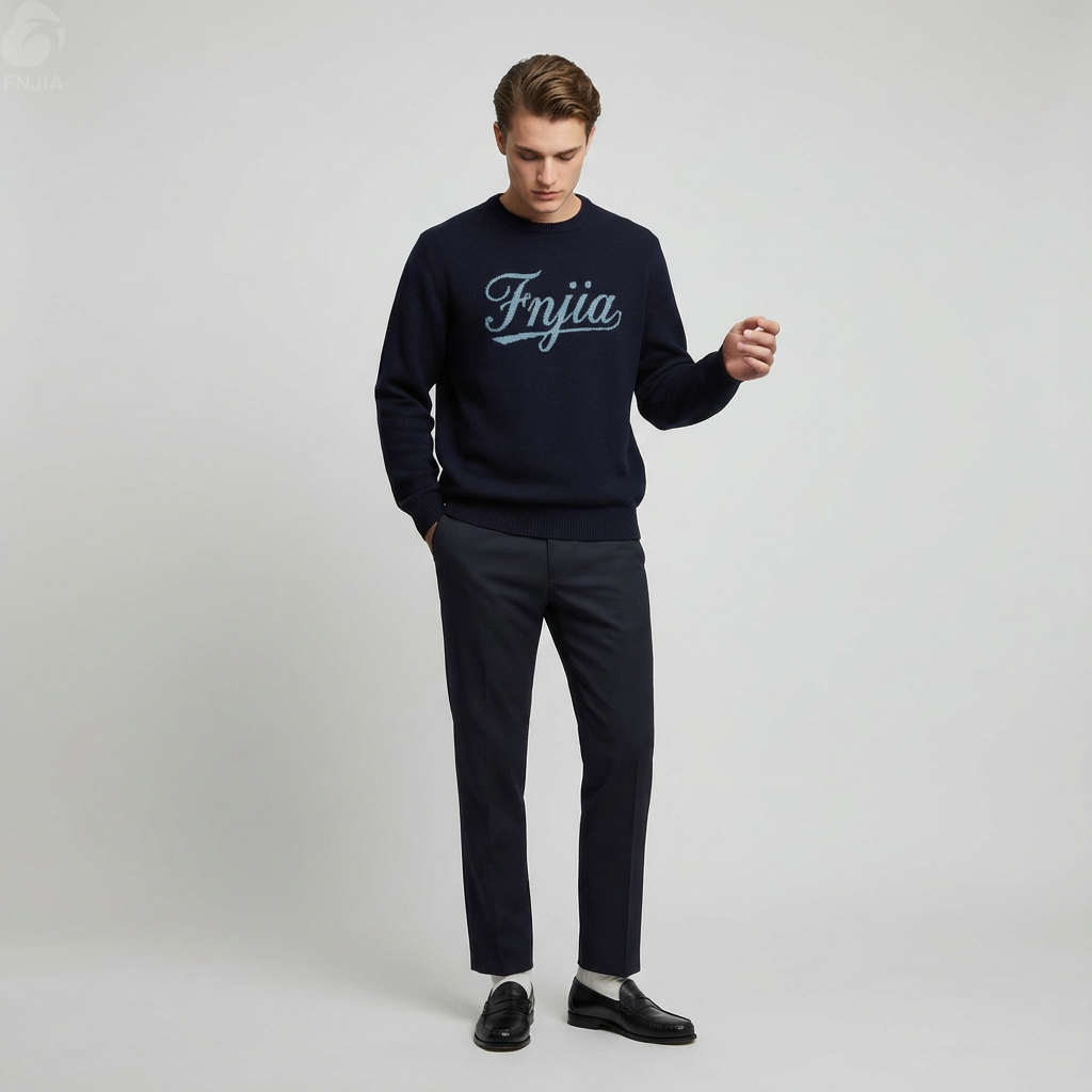 Мужской вязаный свитер темно-синего цвета с буквенным тиснением - FNJIA Custom Apparel Service