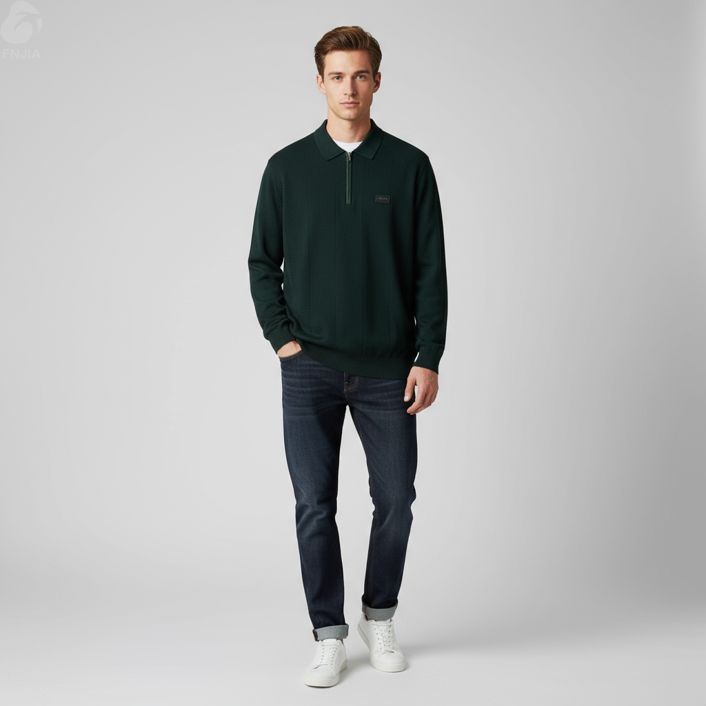 Мужское темно-зеленое трикотажное поло с текстурой наполовину на молнии - FNJIA Custom Apparel Service