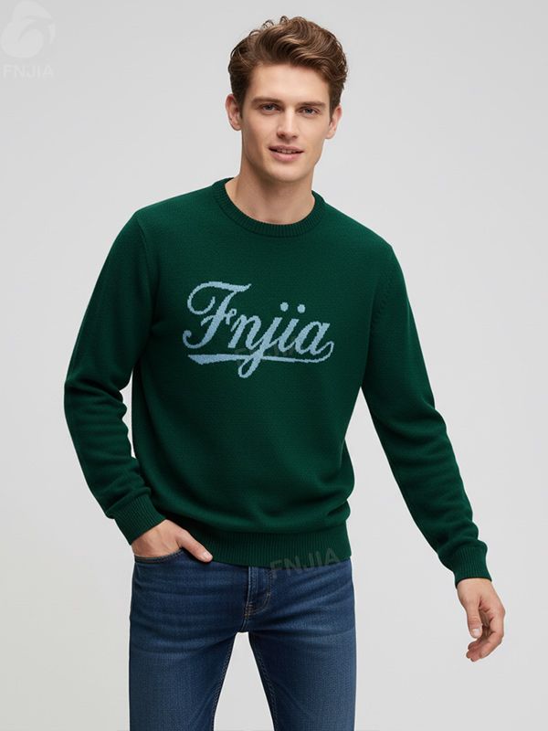 Мужской вязаный свитер изумрудно-зеленого цвета с буквенным тиснением - FNJIA Custom Apparel Service