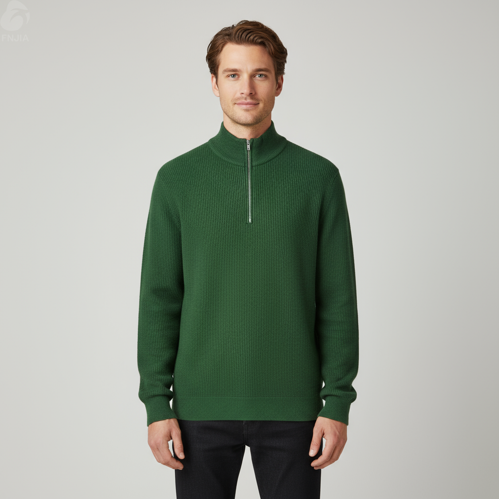 Мужской свитер изумрудно-зеленого цвета из трикотажа в рубчик с застежкой-молнией - FNJIA Custom Apparel Service
