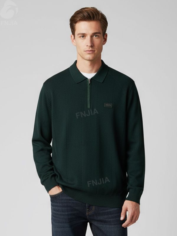 Мужское темно-зеленое трикотажное поло с текстурой наполовину на молнии - FNJIA Custom Apparel Service