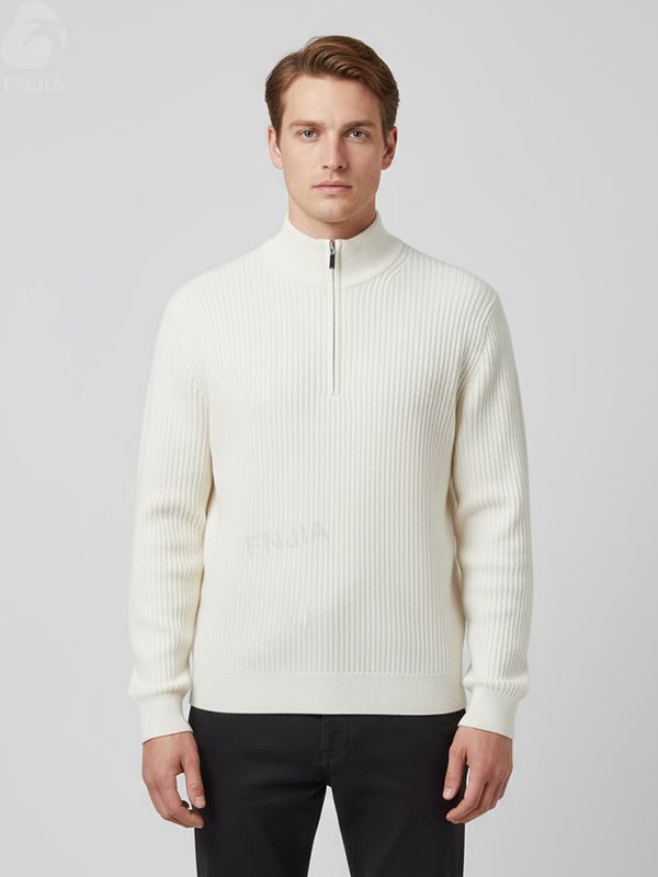 Мужской свитер кремовой вязки в рубчик на молнии - FNJIA Custom Apparel Service