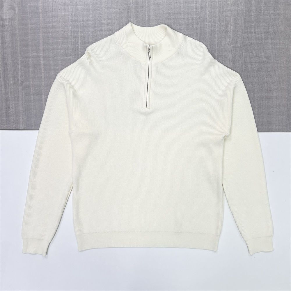 Мужской свитер кремовой вязки в рубчик на молнии - FNJIA Custom Apparel Service
