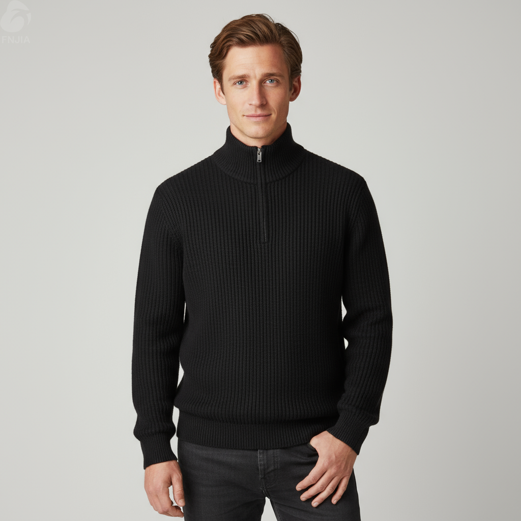 Мужской черный свитер с высоким воротом из трикотажа в рубчик на молнии - FNJIA Custom Apparel Service