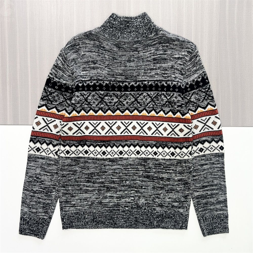 Мужской вязаный свитер на молнии с этническим рисунком серого цвета под мрамор - FNJIA Custom Apparel Service