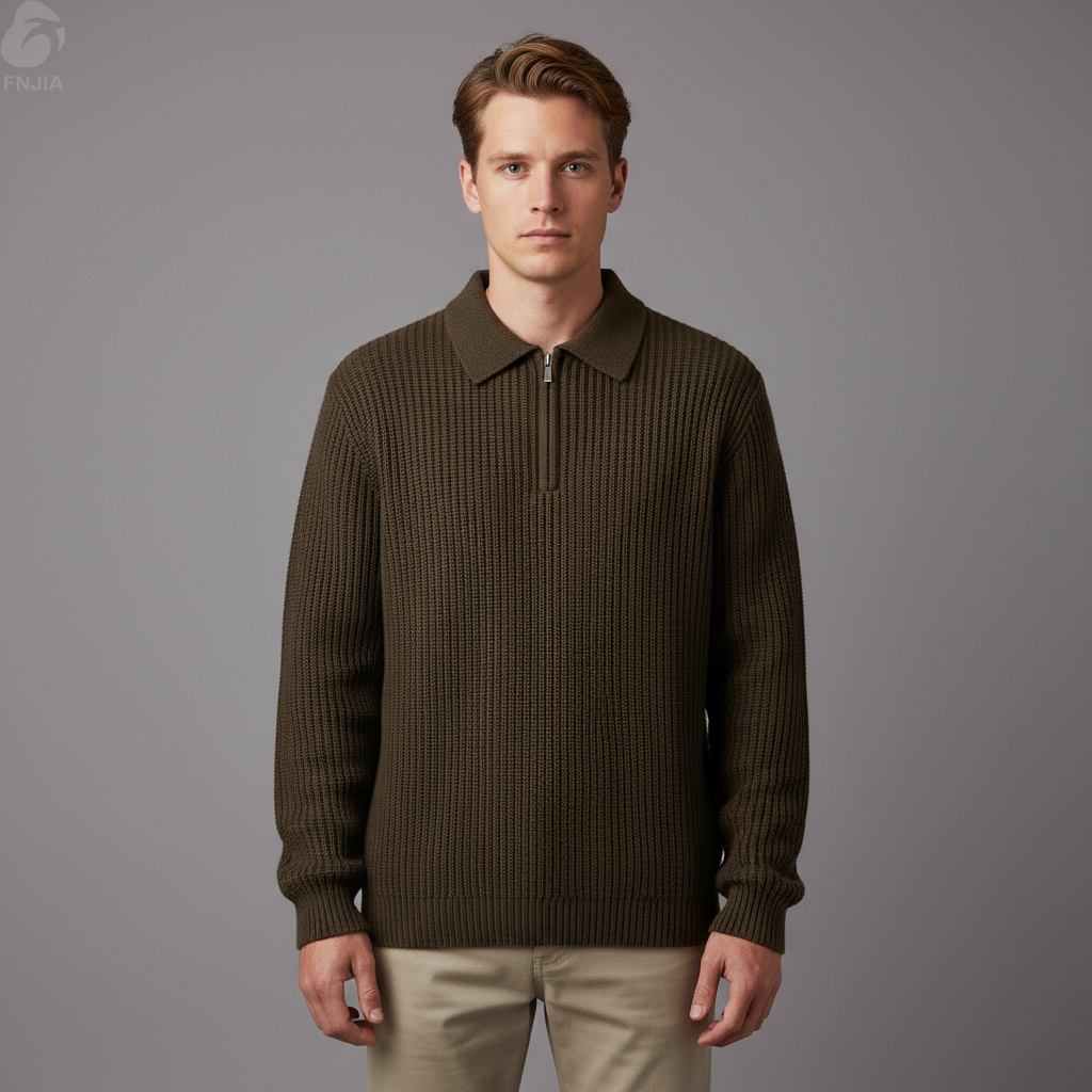 Мужской темно-коричневый свитер поло из трикотажа в рубчик на молнии - FNJIA Custom Apparel Service