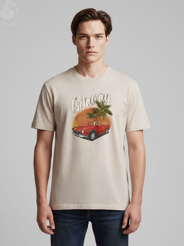 Мужская бежевая футболка с коротким рукавом в стиле ретро и принтом - FNJIA Custom Apparel Service