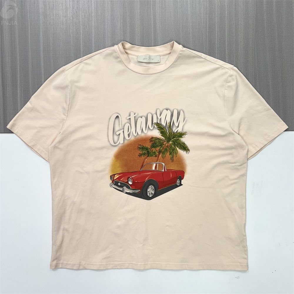 Мужская бежевая футболка с коротким рукавом в стиле ретро и принтом - FNJIA Custom Apparel Service