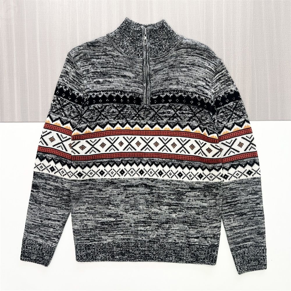 Мужской вязаный свитер на молнии с этническим рисунком серого цвета под мрамор - FNJIA Custom Apparel Service