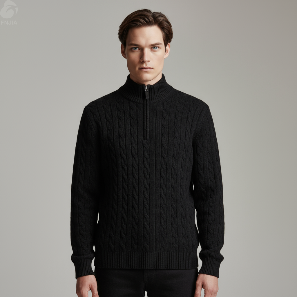 Мужской черный свитер кабельной вязки на молнии до половины длины - FNJIA Custom Apparel Service