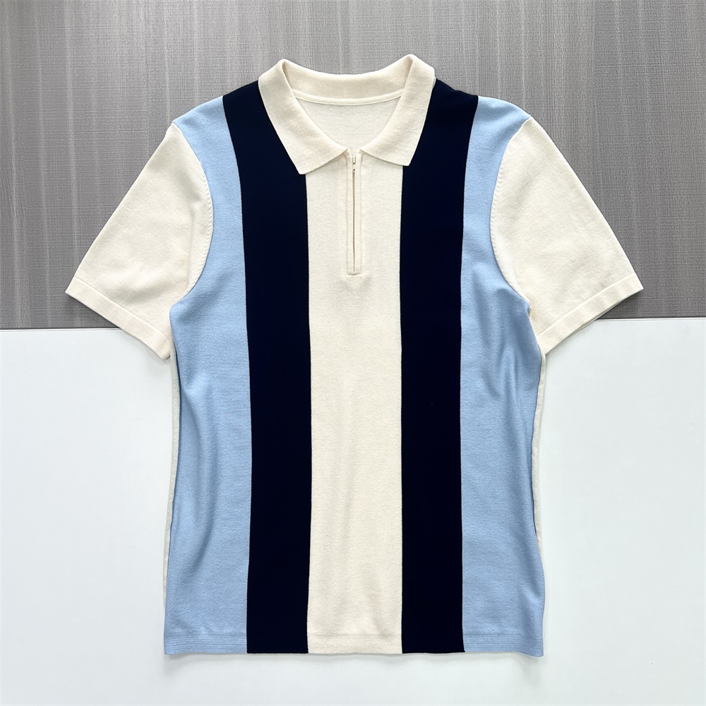 Мужское трикотажное поло в полоску с цветными блоками и застежкой-молнией до половины длины - FNJIA Custom Apparel Service