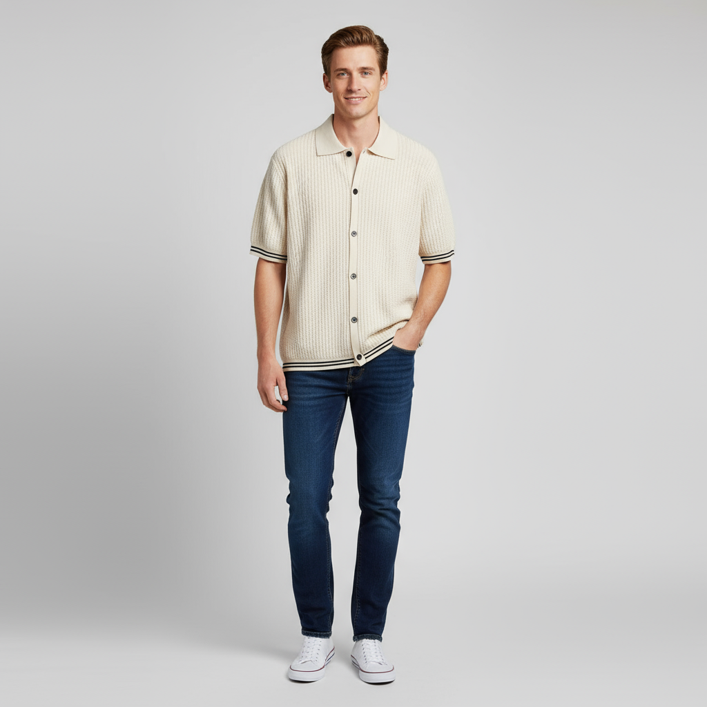 Мужской кардиган поло кремового цвета из трикотажа в рубчик с отделкой в полоску и пуговицами на заказ