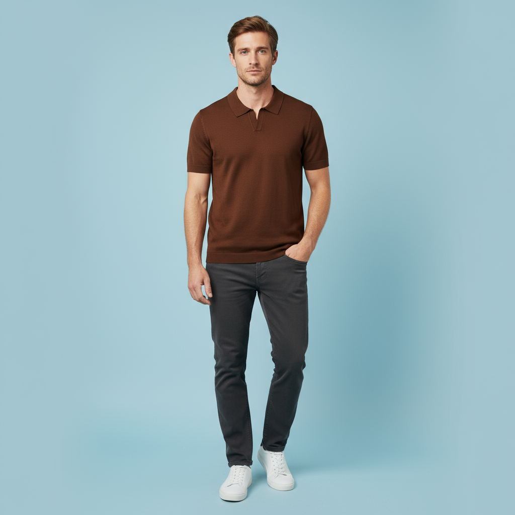 Мужская минималистичная трикотажная рубашка поло цвета какао коричневого цвета с индивидуальным дизайном приталенного кроя и планки