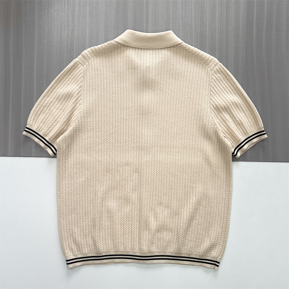 Мужской кардиган поло кремового цвета из трикотажа в рубчик с отделкой в полоску и пуговицами на заказ