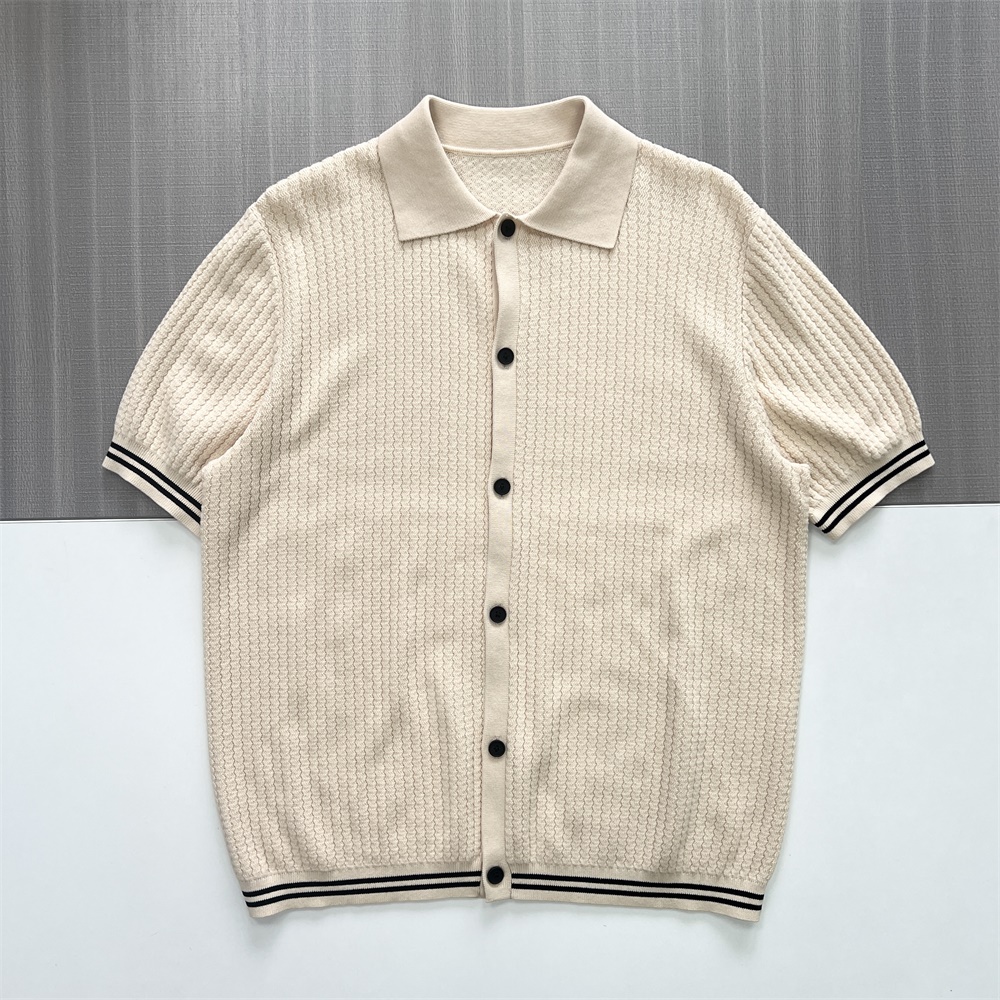 Мужской кардиган поло кремового цвета из трикотажа в рубчик с отделкой в полоску и пуговицами на заказ
