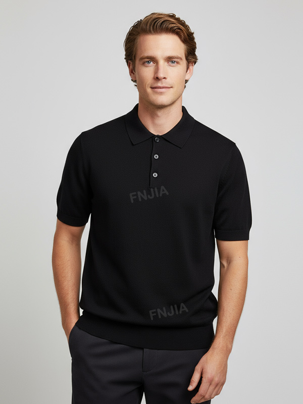 Мужское черное гладкое трикотажное поло - FNJIA Custom Apparel Service