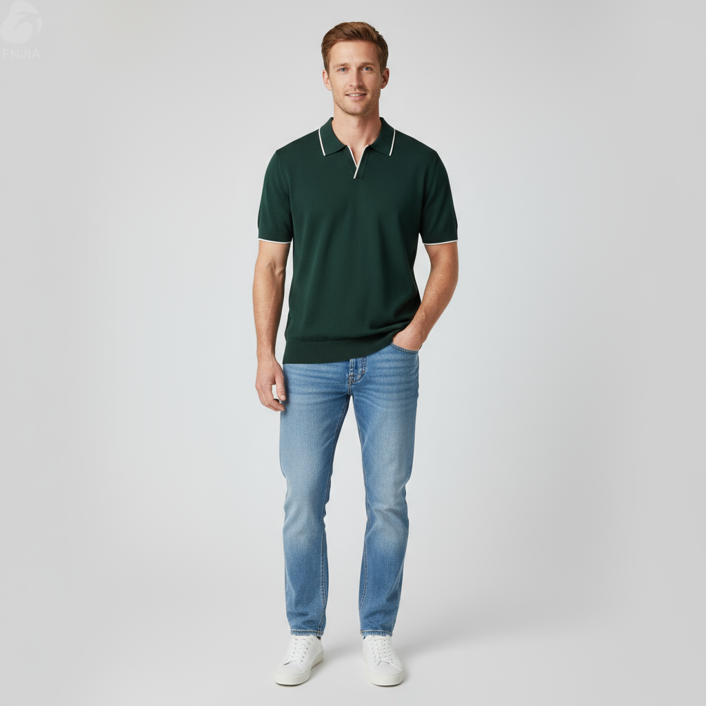 Мужское вязаное поло цвета лесного ореха с контрастной отделкой - FNJIA Custom Apparel Service