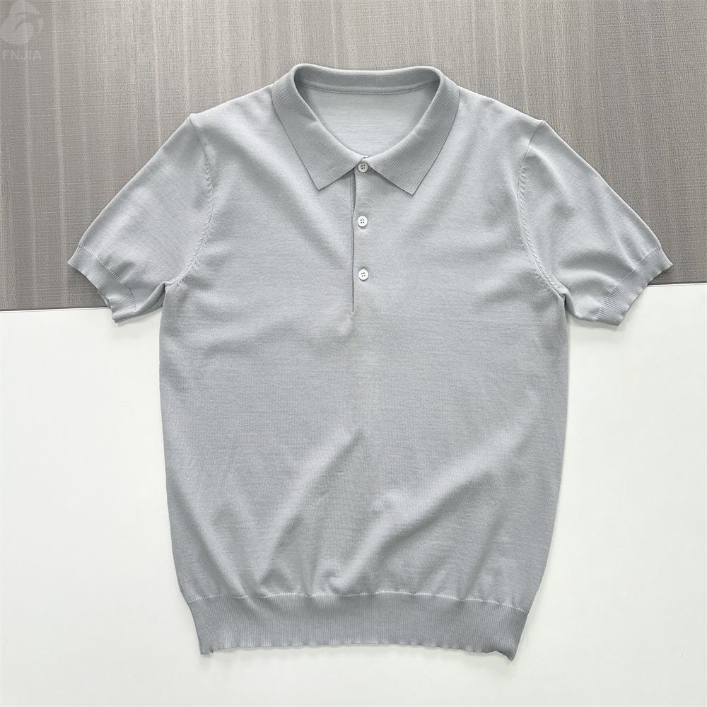 Мужское светло-серое поло из тонкого трикотажа в рубчик-FNJIA Custom Apparel Service
