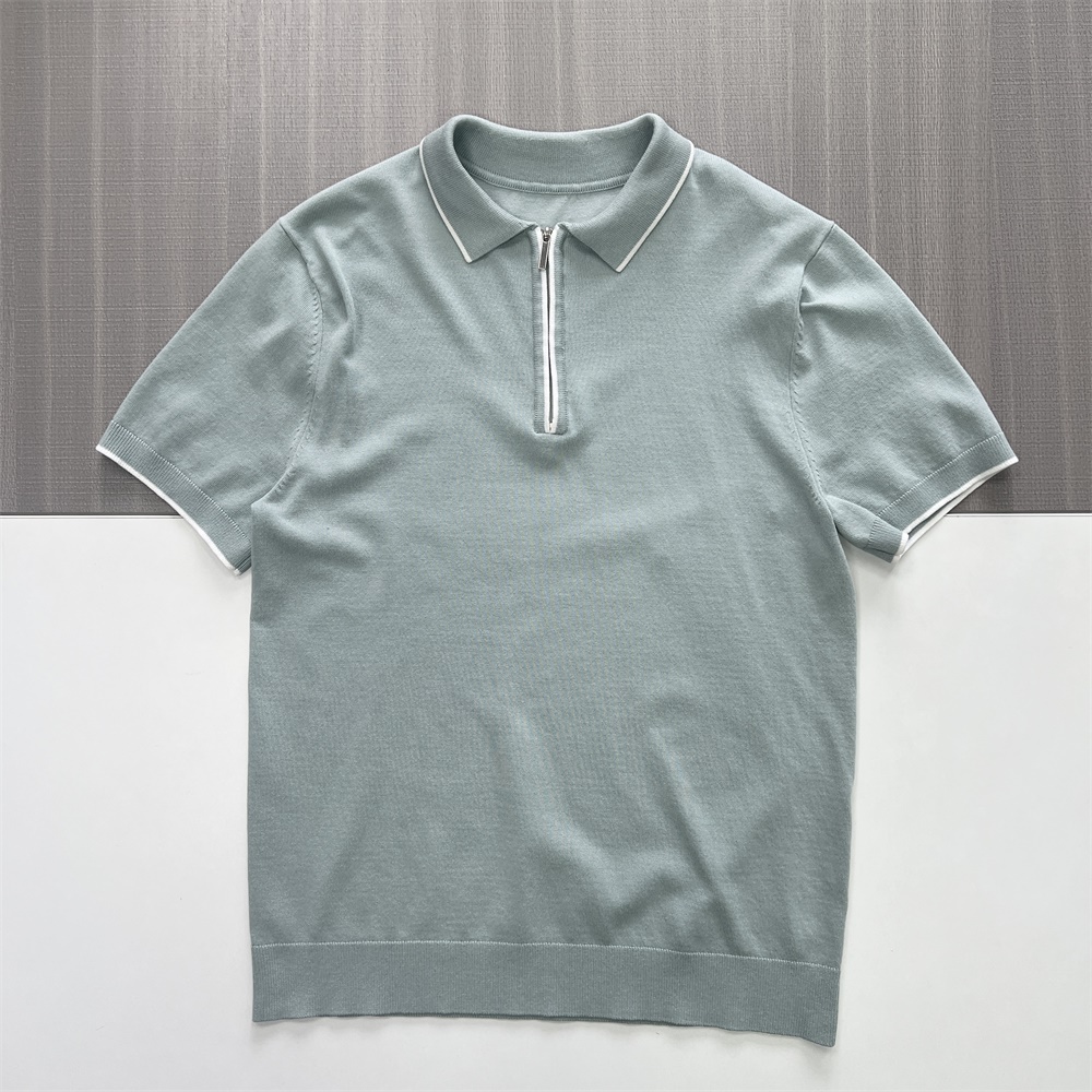 Мужской трикотаж с контрастной отделкой цвета шалфея, наполовину застегивающийся на молнию. Услуга по пошиву одежды Polo - FNJIA на заказ